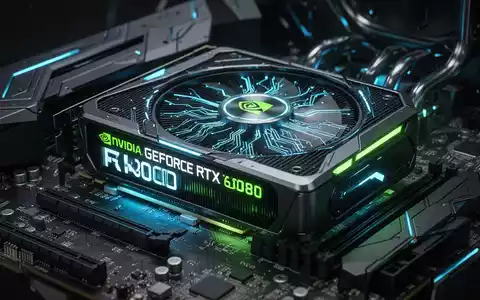 A close-up of a futuristic NVIDIA GeForce RTX 6080 graphics card with glowing circuits, integrated into a high-tech motherboard. - Foto: über boerse-global.de