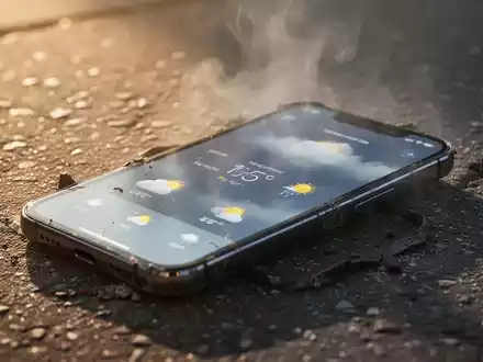 A smartphone on a hot surface, its screen showing a high temperature, with subtle heat haze around it. - Foto: über boerse-global.de