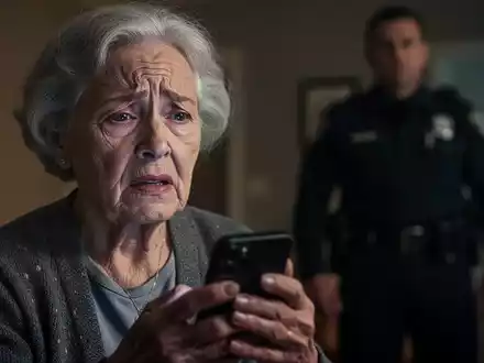 Eine ältere Frau hält ein Telefon und sieht verzweifelt aus, mit einer verschwommenen Polizeifigur im Hintergrund. - Foto: über boerse-global.de