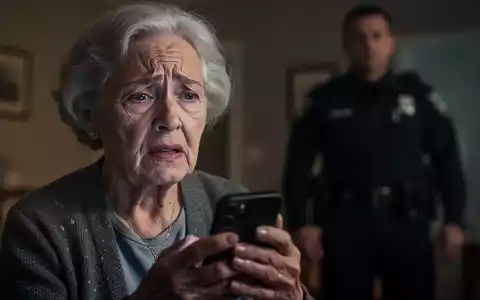 Eine ältere Frau hält ein Telefon und sieht verzweifelt aus, mit einer verschwommenen Polizeifigur im Hintergrund. - Foto: über boerse-global.de