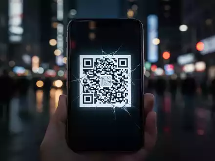 Ein Smartphone-Bildschirm zeigt einen QR-Code, der leicht manipuliert erscheint, vor dem unscharfen Hintergrund einer belebten Stadtstraße bei Nacht. - Foto: über boerse-global.de