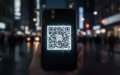 Ein Smartphone-Bildschirm zeigt einen QR-Code, der leicht manipuliert erscheint, vor dem unscharfen Hintergrund einer belebten Stadtstraße bei Nacht. - Foto: über boerse-global.de