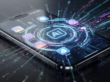 Nahaufnahme eines futuristischen Smartphones mit leuchtender Benutzeroberfläche und App-Symbolen, die Geschwindigkeit und KI betonen. - Foto: über boerse-global.de