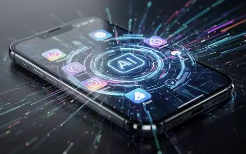 Nahaufnahme eines futuristischen Smartphones mit leuchtender Benutzeroberfläche und App-Symbolen, die Geschwindigkeit und KI betonen. - Foto: über boerse-global.de