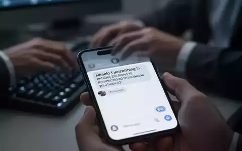 A close-up of a smartphone screen showing a phishing attempt, with blurred hands typing on a keyboard in the background. - Foto: über boerse-global.de