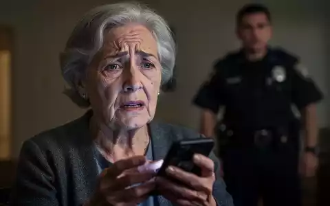 Eine ältere Frau wirkt verzweifelt, während sie telefoniert, im Hintergrund eine verschwommene Figur in Polizeiuniform. - Foto: über boerse-global.de