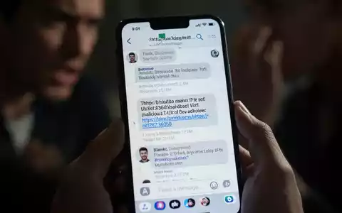 Nahaufnahme eines Smartphone-Bildschirms, der eine betrügerische SMS in einem Bank-Nachrichtenverlauf zeigt. - Foto: über boerse-global.de