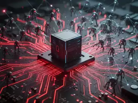 Digital representation of a circuit board with red lines and a shadowy network of bots attacking a server, symbolizing AI threats. - Foto: über boerse-global.de