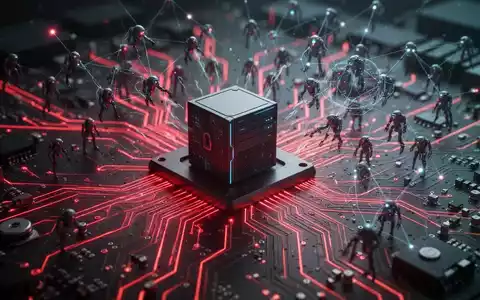 Digital representation of a circuit board with red lines and a shadowy network of bots attacking a server, symbolizing AI threats. - Foto: über boerse-global.de