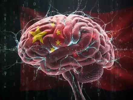 A stylized digital brain with glowing neural pathways and binary code, subtly incorporating a Chinese flag pattern. - Foto: über boerse-global.de