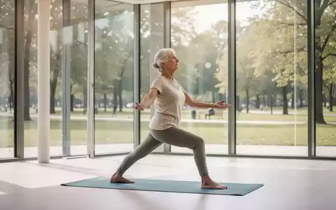 Eine ältere Frau praktiziert Yoga in einem hellen, modernen Studio mit Blick auf einen Park, fokussiert auf Achtsamkeit und Wohlbefinden. - Foto: über boerse-global.de