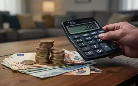 Eine Hand hält einen Taschenrechner über einem Stapel Euromünzen und Geldscheinen, im Hintergrund ein unscharfes Wohnzimmer. - Foto: über boerse-global.de