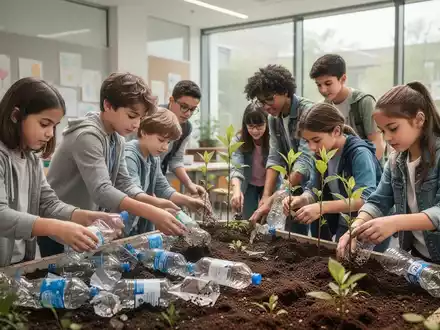 Schüler sortieren Wertstoffe in einem modernen Klassenzimmer, um Nachhaltigkeit und Ressourcenschutz zu lernen. - Foto: über boerse-global.de