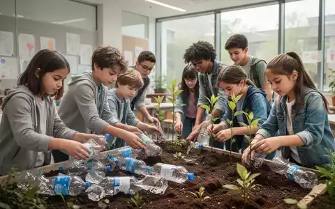 Schüler sortieren Wertstoffe in einem modernen Klassenzimmer, um Nachhaltigkeit und Ressourcenschutz zu lernen. - Foto: über boerse-global.de