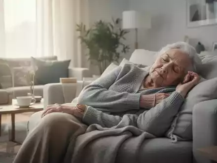 Eine ältere Person schläft auf einem Sofa in einem hellen Wohnzimmer, was auf Tagesschläfrigkeit bei Senioren hinweist. - Foto: über boerse-global.de