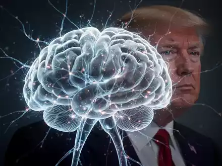 A glowing digital brain with neural pathways, with a subtle silhouette of Donald Trump in the background, symbolizing AI and political influence. - Foto: über boerse-global.de