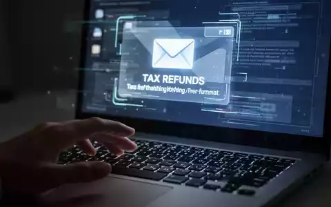 Eine Hand schwebt über einer Computertastatur, auf dem Bildschirm ist eine Phishing-E-Mail zu sehen, die eine Steuerrückerstattung vortäuscht. - Foto: über boerse-global.de