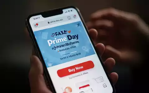 Ein Smartphone-Bildschirm zeigt eine betrügerische Online-Shopping-Seite mit einem gefälschten Prime Day-Angebot. Hände sind unscharf im Hintergrund. - Foto: über boerse-global.de
