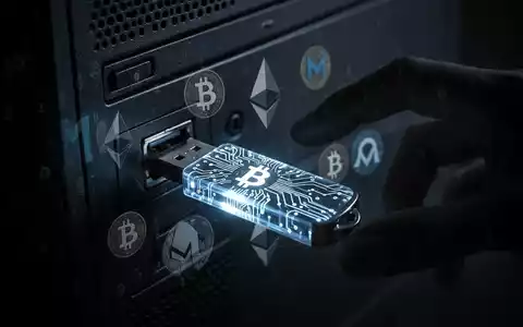 Ein leuchtender USB-Stick steckt in einem Computeranschluss, mit digitalen Währungssymbolen und einer bedrohlichen Hand im Hintergrund. - Foto: über boerse-global.de