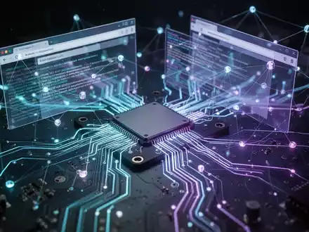 A glowing circuit board representing an SSD, overlaid with abstract web browsing elements, symbolizing a data vulnerability. - Foto: über boerse-global.de