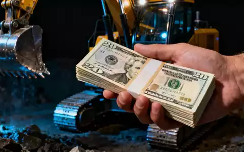 Nahaufnahme einer Hand, die einen Stapel von 20 Millionen Dollar-Banknoten hält, mit Bergbauausrüstung im Hintergrund. - Foto: über boerse-global.de
