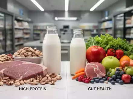 Eine Auswahl an gesunden Lebensmitteln wie Magerfleisch, Nüsse, Milchprodukte, Obst und Gemüse, die Proteine und Darmgesundheit symbolisieren. - Foto: über boerse-global.de