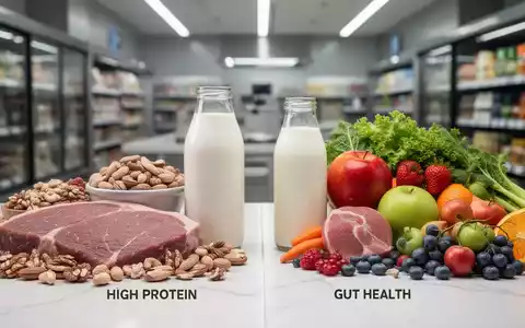 Eine Auswahl an gesunden Lebensmitteln wie Magerfleisch, Nüsse, Milchprodukte, Obst und Gemüse, die Proteine und Darmgesundheit symbolisieren. - Foto: über boerse-global.de