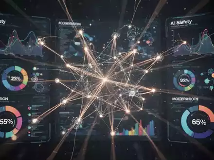An abstract digital interface showing data visualizations and moderation scores, representing AI content safety evaluation. - Foto: über boerse-global.de