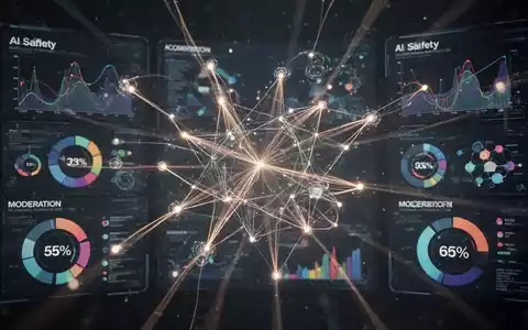 An abstract digital interface showing data visualizations and moderation scores, representing AI content safety evaluation. - Foto: über boerse-global.de