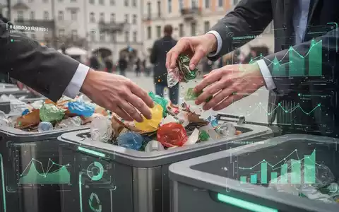 Hände sortieren bunte Recyclingmaterialien in verschiedene Behälter, mit einer digitalen Anzeige, die Datenanalysen zeigt, in einer städtischen Umgebung. - Foto: über boerse-global.de