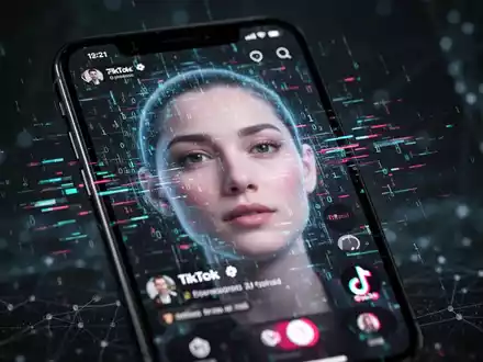 Nahaufnahme eines Smartphone-Bildschirms mit einer TikTok-ähnlichen Oberfläche, die ein KI-generiertes Gesicht zeigt, umgeben von digitalen Störungen und Binärcode. - Foto: über boerse-global.de