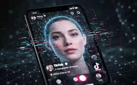 Nahaufnahme eines Smartphone-Bildschirms mit einer TikTok-ähnlichen Oberfläche, die ein KI-generiertes Gesicht zeigt, umgeben von digitalen Störungen und Binärcode. - Foto: über boerse-global.de