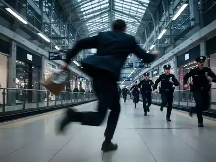 Eine unscharfe Gestalt rennt mit einem gestohlenen Gegenstand in einem Bahnhof oder Einkaufszentrum weg, Polizisten verfolgen sie. - Foto: über boerse-global.de