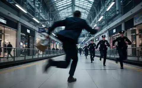 Eine unscharfe Gestalt rennt mit einem gestohlenen Gegenstand in einem Bahnhof oder Einkaufszentrum weg, Polizisten verfolgen sie. - Foto: über boerse-global.de