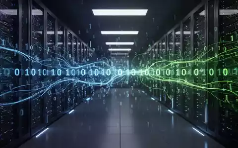 Binary code and data flow across a dark server room, symbolizing digital security updates and potential system vulnerabilities. - Foto: über boerse-global.de