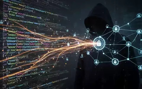 Digital representation of a cyber attack with glowing code lines, a network diagram, and a subtle shadowy figure in the background. - Foto: über boerse-global.de