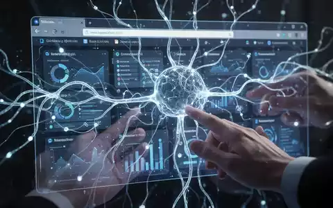 A glowing neural network interface integrated into a web browser, with hands interacting with a holographic screen displaying data and tabs. - Foto: über boerse-global.de