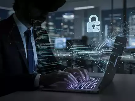 A shadowy figure typing on a laptop with digital data streams, symbolizing a sophisticated phishing attack on political figures. - Foto: über boerse-global.de