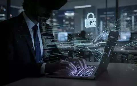 A shadowy figure typing on a laptop with digital data streams, symbolizing a sophisticated phishing attack on political figures. - Foto: über boerse-global.de