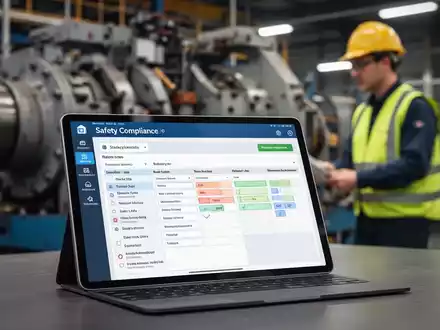 Eine Hand hält ein Tablet mit einer Software für Wartungsplanung und Arbeitssicherheit vor einem unscharfen industriellen Hintergrund. - Foto: über boerse-global.de