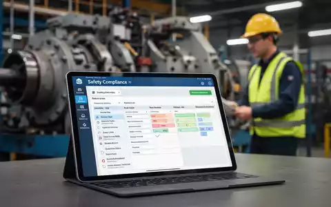Eine Hand hält ein Tablet mit einer Software für Wartungsplanung und Arbeitssicherheit vor einem unscharfen industriellen Hintergrund. - Foto: über boerse-global.de