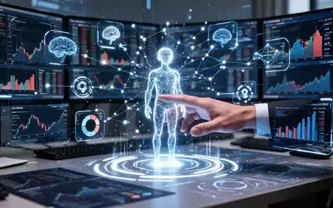 Futuristisches neuronales Netzwerk-Interface über einem Finanzschreibtisch mit holografischen KI-Assistenten und Datenvisualisierungen. - Foto: über boerse-global.de