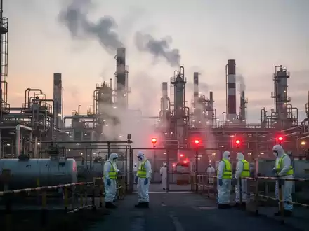 Industrielle Chemieanlage bei Sonnenaufgang, mit Dampf, blinkenden Notlichtern und Personal in Schutzanzügen nach einem Zwischenfall. - Foto: über boerse-global.de