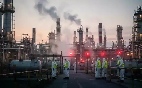 Industrielle Chemieanlage bei Sonnenaufgang, mit Dampf, blinkenden Notlichtern und Personal in Schutzanzügen nach einem Zwischenfall. - Foto: über boerse-global.de
