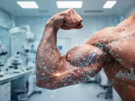 Nahaufnahme eines muskulösen Arms mit digitalen Datenüberlagerungen, die medizinische Forschung und pharmakologische Innovation darstellen. - Foto: über boerse-global.de
