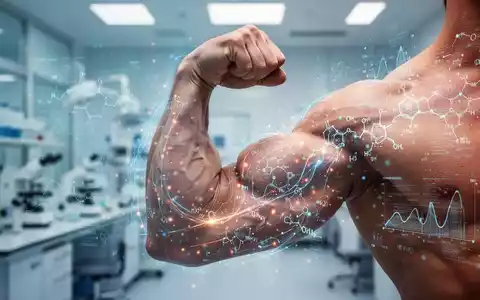 Nahaufnahme eines muskulösen Arms mit digitalen Datenüberlagerungen, die medizinische Forschung und pharmakologische Innovation darstellen. - Foto: über boerse-global.de