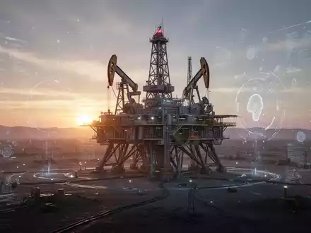 Eine futuristische Energieanlage in einer weiten, kargen Landschaft, beleuchtet von einer untergehenden Sonne, mit Hinweisen auf KI-Technologie. - Foto: über boerse-global.de