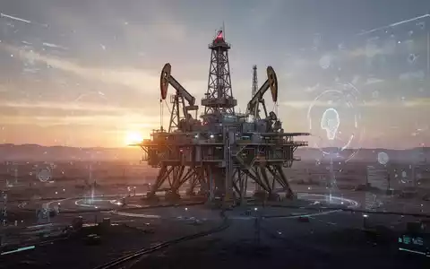 Eine futuristische Energieanlage in einer weiten, kargen Landschaft, beleuchtet von einer untergehenden Sonne, mit Hinweisen auf KI-Technologie. - Foto: über boerse-global.de