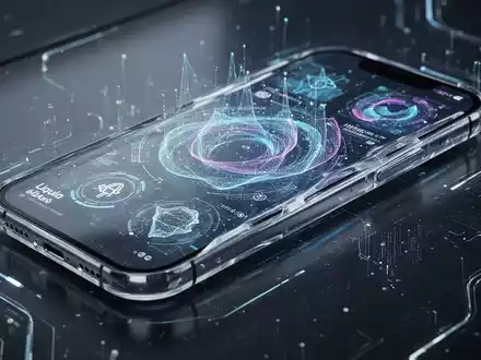 A futuristic smartphone with a translucent interface showing AI features and abstract data, representing iOS 27 and Liquid Glass. - Foto: über boerse-global.de
