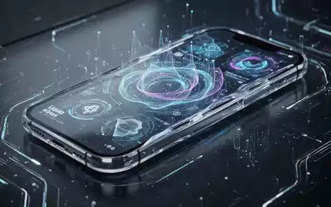 A futuristic smartphone with a translucent interface showing AI features and abstract data, representing iOS 27 and Liquid Glass. - Foto: über boerse-global.de